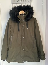 Zara TRF Trafaluc Khaki Warm Padded Faux Fur Lined Winter Hooded Coat L UK 12-14