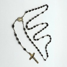 Sterling Silver Black Wood Beads Crucifix Jesus Madonna Rosary Necklace Art Deco