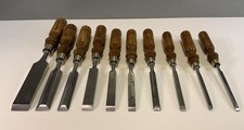 10 VINTAGE FOOTPRINT SHEFFIELD WOOD CHISELS WITH ASH HANDLES 1/4” ~ 1  1/4”