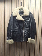 River Island Black Faux Leather Aviator Jacket Faux Fur Collar & Trim Size 12
