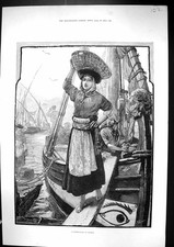 Old Print 1882 Overend Fine Art Fisher Girl Lisbon Portugal Fishing Boat 19th