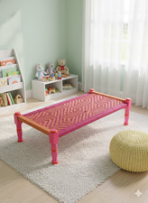 Traditional Indian Charpai Handwoven Pink Orange Bed Wood Frame  Furniture