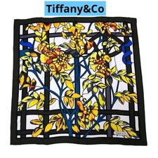 Tiffany & Co. Silk Scarf Stained Glass Floral Dark Green Khaki 88×88cm