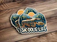 Skoolie Life Sticker – Vintage Bus & Mountain Sunrise, Retro Travel Van Decal