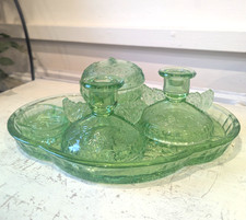 Vintage Art Deco Green Glass 5 Piece Vanity Dressing Table Set Retro Butterflies