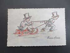 Vintage NEW YEAR Greetings Card FRENCH Boys Sledging Toboggan Snow Top Hats
