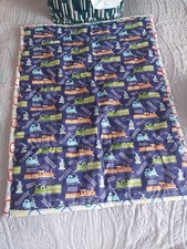 Baby boy pram 26x20 quilt dark blue with steam trains rear white with hearts