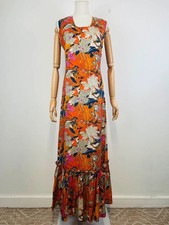 Vintage 70s Orange Navy Pink Grey Floral Pure Silk Tiered Maxi Dress 12
