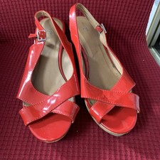 Ladies Shiny Red Wedged Platform Sandals Size 7 By TU With Buckle Ankle Strap