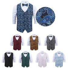 Mens Woven Paisley Bohemian Formal Wedding Tuxedo Waistcoat & Bow Tie Set by DQT