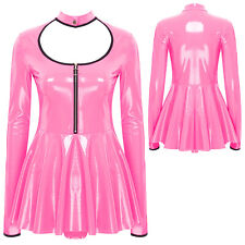 UK Womens Wet Look PVC Leather Mini Pleated Dress Cutout Zipper Club Party Dress