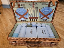Vintage “Coracle” Picnic Set. Pale blue 4 piece in wicker basket. Art Deco