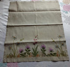 antique Irish linen table tray cloth FLORAL country garden  embroidery c1920