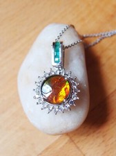 Canadian Ammolite, Emerald and Zircon Halo Pendant 925 Sterling Silver Necklace
