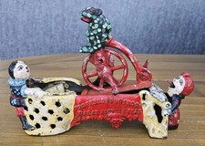 ANTIQUE RARE CAST IRON 'PROFESSOR PUG FROGS GREAT BICYCLE FEAT' MECHANICAL BANK