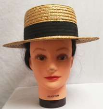 Vintage Ladies Straw Boater Gondolier/ School style adult size.  Black ribbon