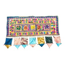 Indian Toran Hand Stitched Embroidered Wall Hanging vintage 1970s