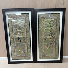 Vintage Chinese Embroidered Silk Panels Birds Butterfly & Flowers Set of 2