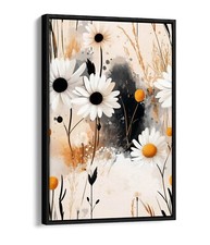 ABSTRACT BLACK YELLOW DAISY FLOWERS FLOAT EFFECT FRAME CANVAS ART PIC PRINT