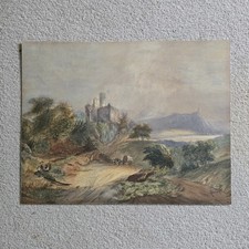 Fine 19thC English School Watercolour - Romantic Landscape with Castle