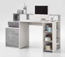 Desk White & Concrete Grey Desk with Hutch 2 Drawers & Open Shelf