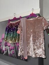 Next Girls Sequin Skirt And Crushed velvet top pink sparkle Tights VGC Age 9