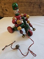 Vintage Childs Wood Pull Toy Clown Tricycle Wooden Beads Red Green Christmas