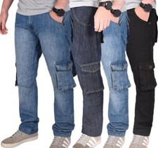 Mens Cargo Combat Jeans Casual Work Denim Pants Trousers All Waists TRUE FACE