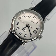 Timex Indiglo Women's Watch WR 30M Silver Tone Dial Black Leather NEW BATTERY