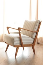 Vintage Armchair Natural Lin Beige White Stripes Design By Knoll