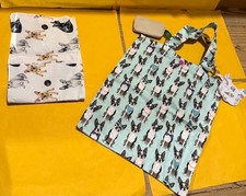 Handmade French Bull Dog Print Blue Fabric/Material Tote Bag & Popper Purse-Gift