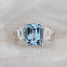 3.5 Ct Emerald Cut Aquamarine & Diamond Three Stone Ring 14K White Gold Finish