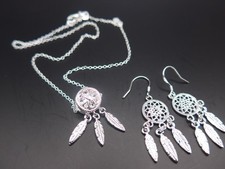 Silver Dream Catcher Pendant Necklace & Drop Dangle Earrings Set Stamped 925