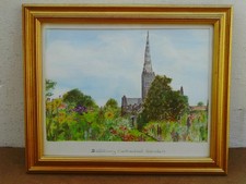 Framed Watercolour & Oil painting of Salisbury Cathedral Garden-Trees & Flowers
