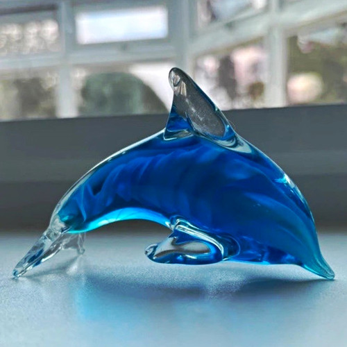 Blue clear art glass dolphin - blue, &