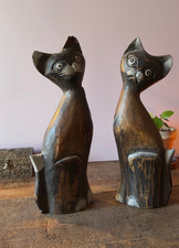 Wooden Cat Statues Pair Hand