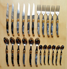 INOX 23 PIECE BLUE & GOLD CUTLERY SET STEAK KNIVES FORKS DESSERT / TEA SPOONS