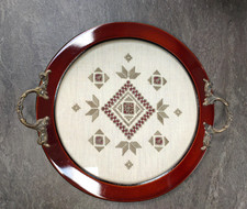 Vintage Lefkara Tray. Embroidered Linen under Glass, wooden rim.