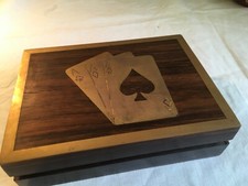  Vintage - Playing Card Box - Wood/Brass Inlay -Very Well Made - Card Design 