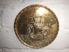 Vintage Embossed Brass Ship Detail Wall Hanging Plate Plaque Decor