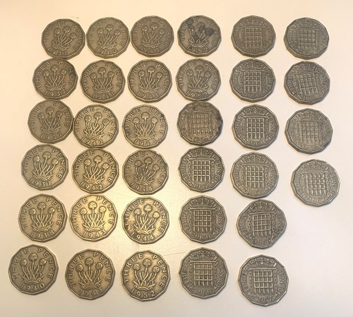 Brass threepence coins 34 - brass,