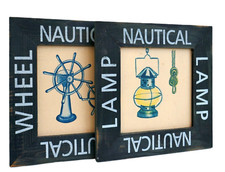 WOODEN NAUTICAL PICTURES WALL ART HURRICANE LAMP ROPE SHIP'S WHEEL 26cm SQUARE