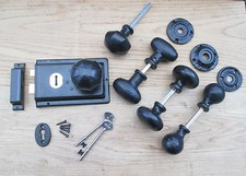BLACK ANTIQUE CAST IRON OLD ENGLISH RIM LOCK DOOR KNOB SET HANDLES