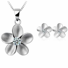 Women Crystal Flower Pendant Necklace Stud Earrings 925 Sterling Silver Jeweller