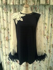 Deluxe Drag Queen  Black spotted SHORT Dress with  black feathers  size:14/16