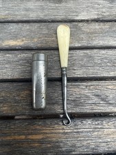 Small Antique Bone Handle Button Hook & Steel Needle Holder With Hinged Lid 