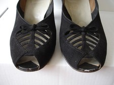 Original True Vintage 1940s Lotus Black Suede Open Toe Shoes WIDE FIT UK 5 / 6