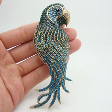 Vintage Style Parrot Bird Animal Pendant Brooch Pin Green Rhinestone Crystal