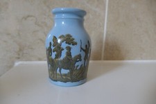 19TH CENTURY BLUE PRATTWARE10CM FOX HUNTING &HORSEMEN SCENE FISH/BEEF PASTE POT 