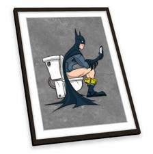 Superhero Batman Toilet Bathroom Grey FRAMED ART PRINT Picture Portrait Artwork